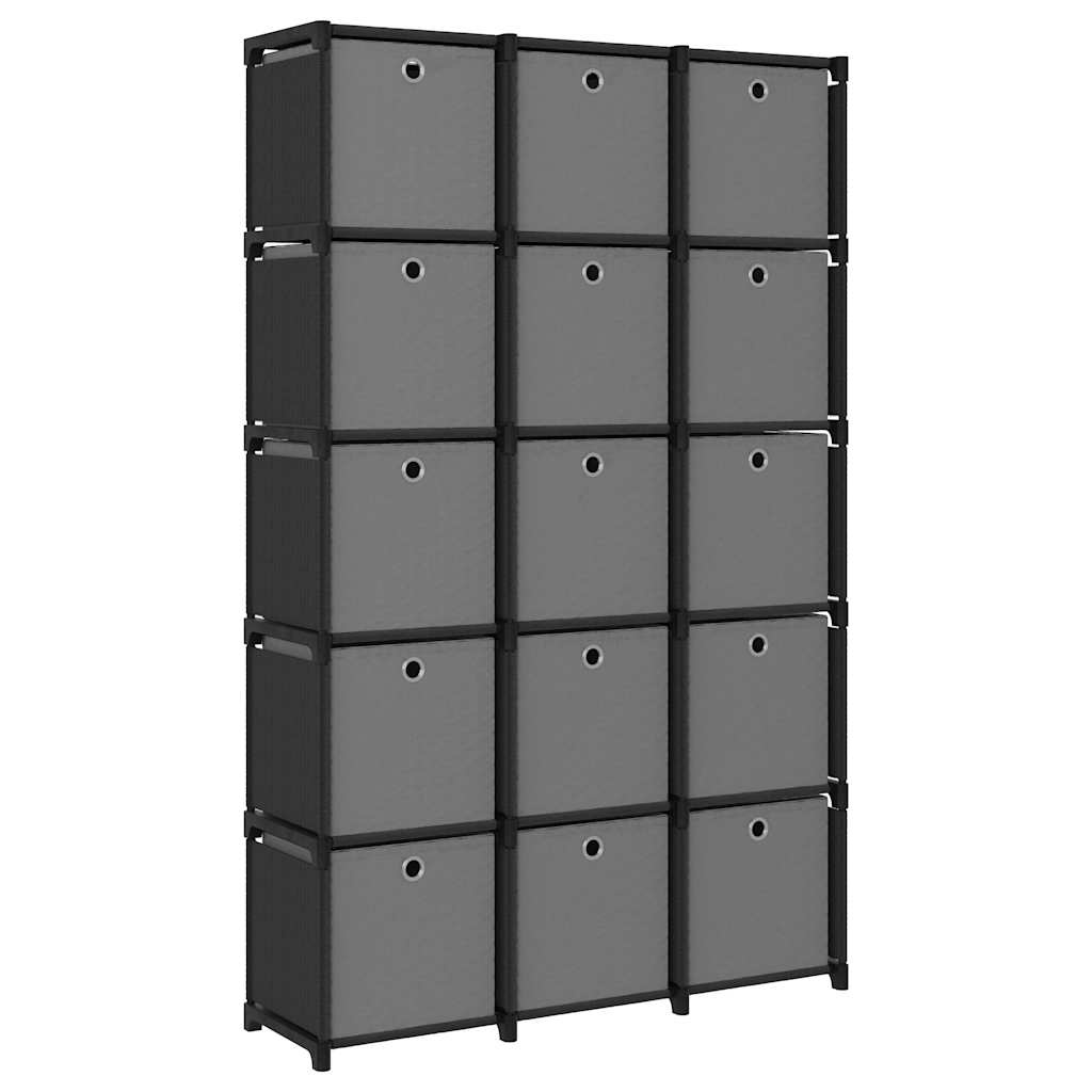 reol med 15 rum og kasser 103x30x175,5 cm stof sort