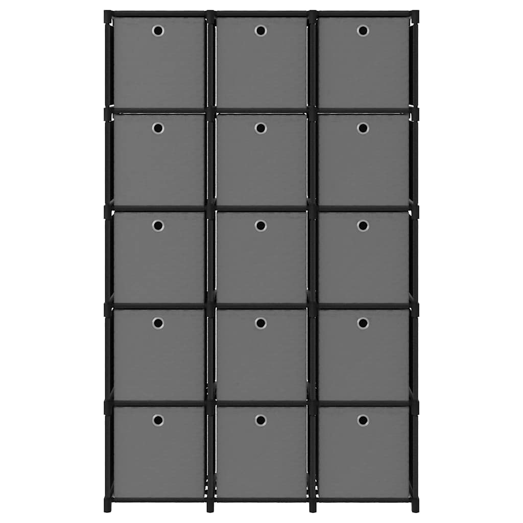 reol med 15 rum og kasser 103x30x175,5 cm stof sort