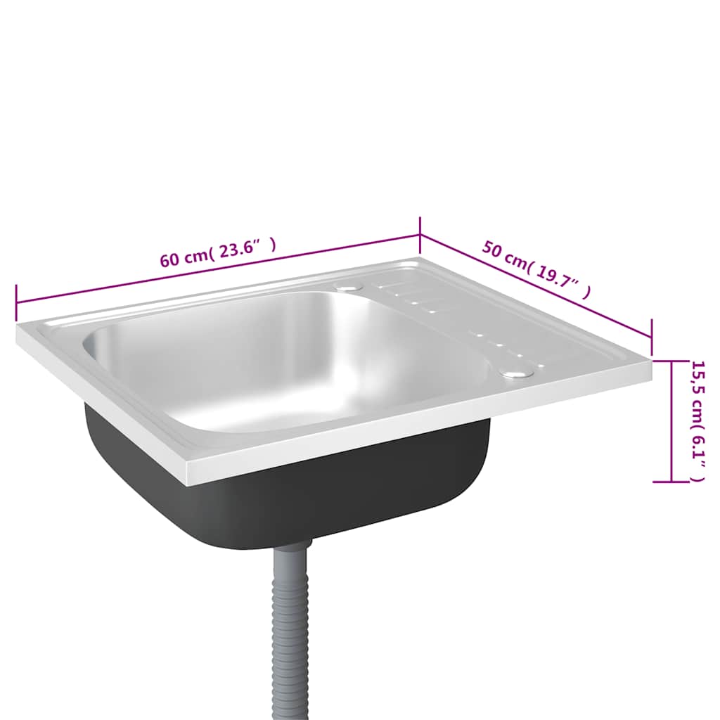 køkkenvask med afløbssæt 600x500x155 mm rustfrit stål sølv