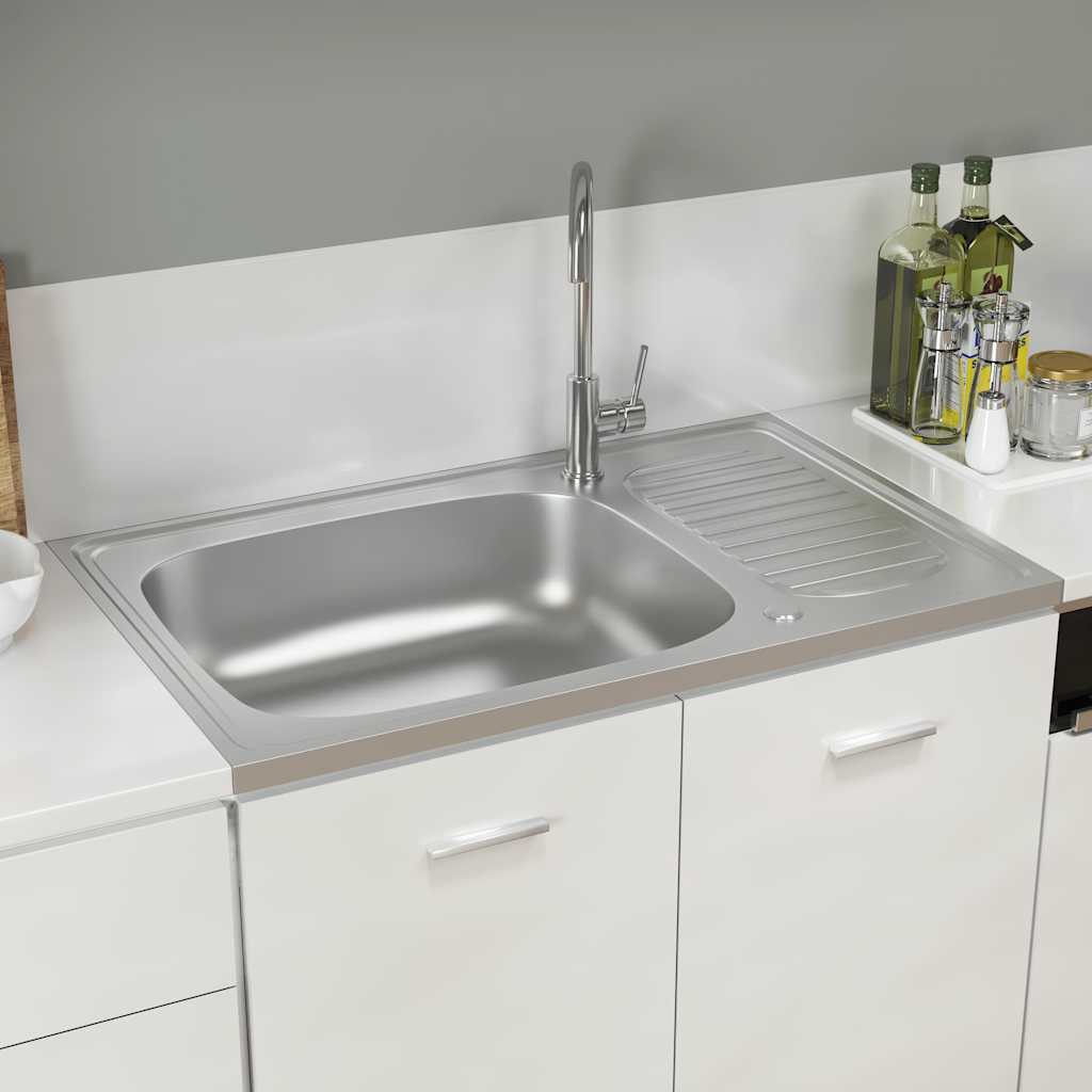 køkkenvask med afløbssæt 800x500x155 mm rustfrit stål sølv