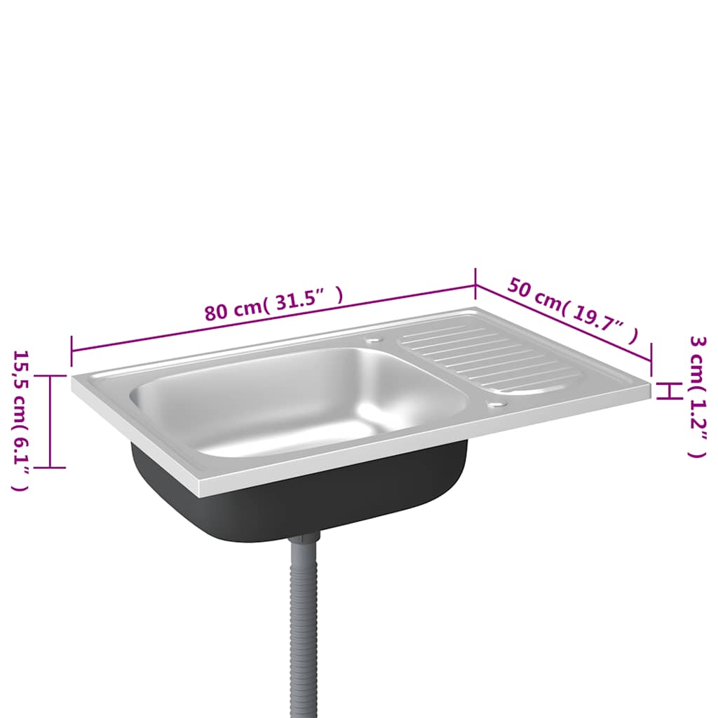 køkkenvask med afløbssæt 800x500x155 mm rustfrit stål sølv