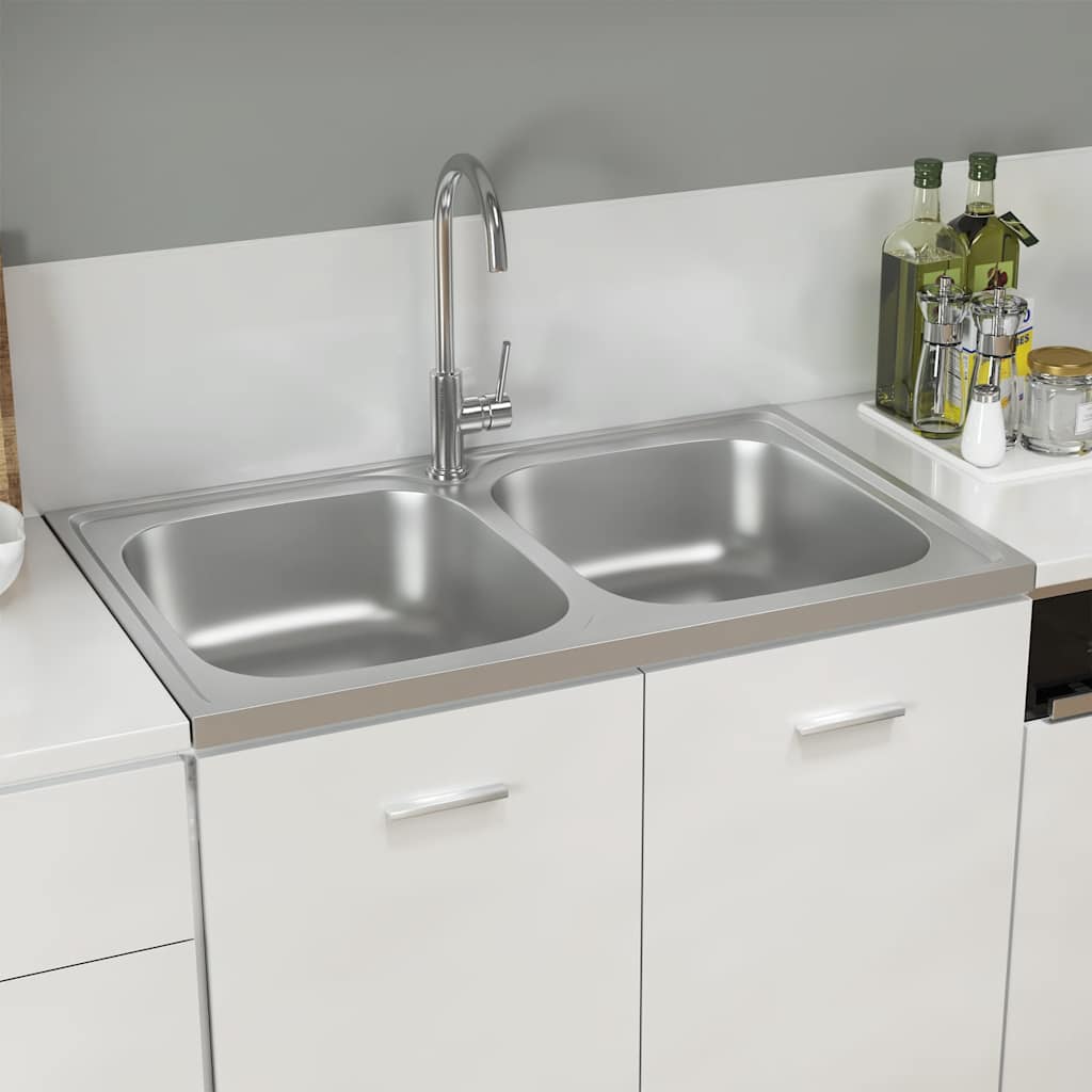 køkkenvask med 2 bassiner 800x500x155 mm rustfrit stål sølv