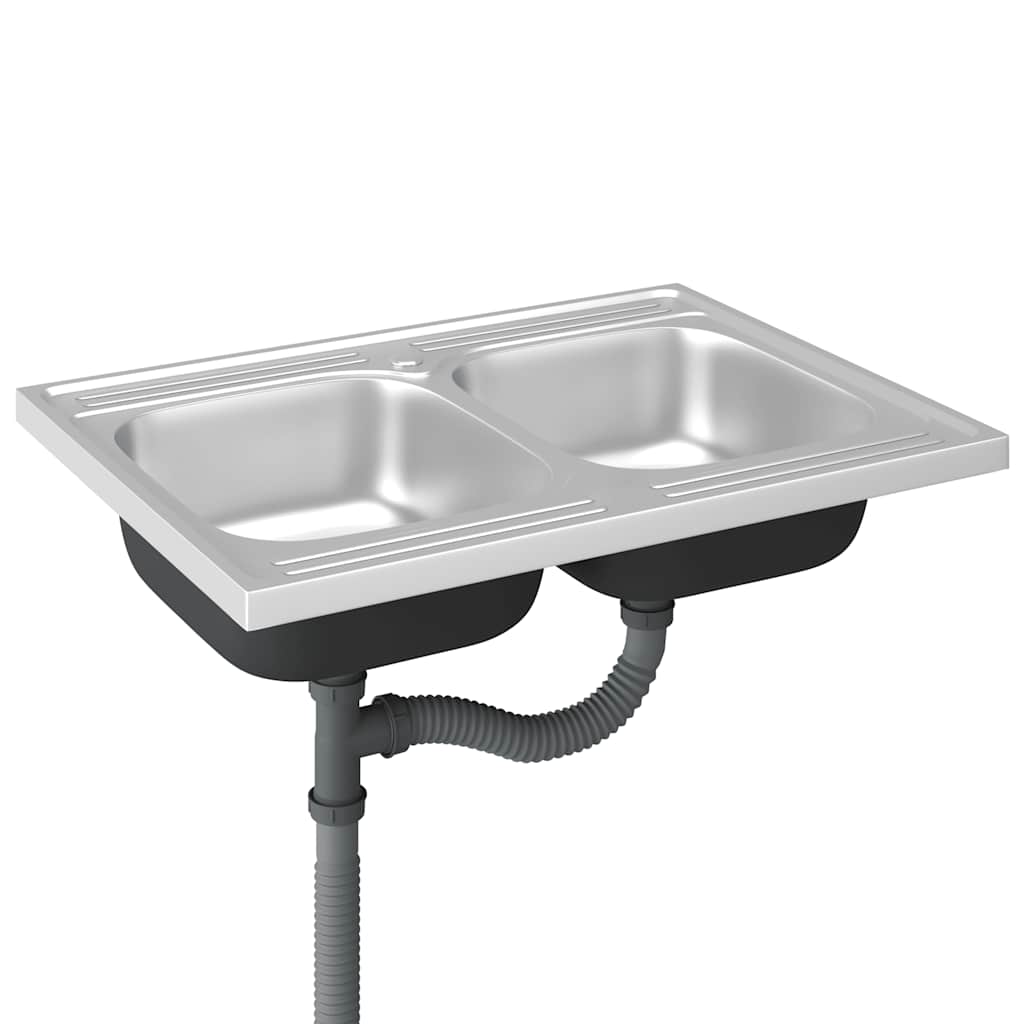 køkkenvask med 2 bassiner 800x600x155 mm rustfrit stål sølv
