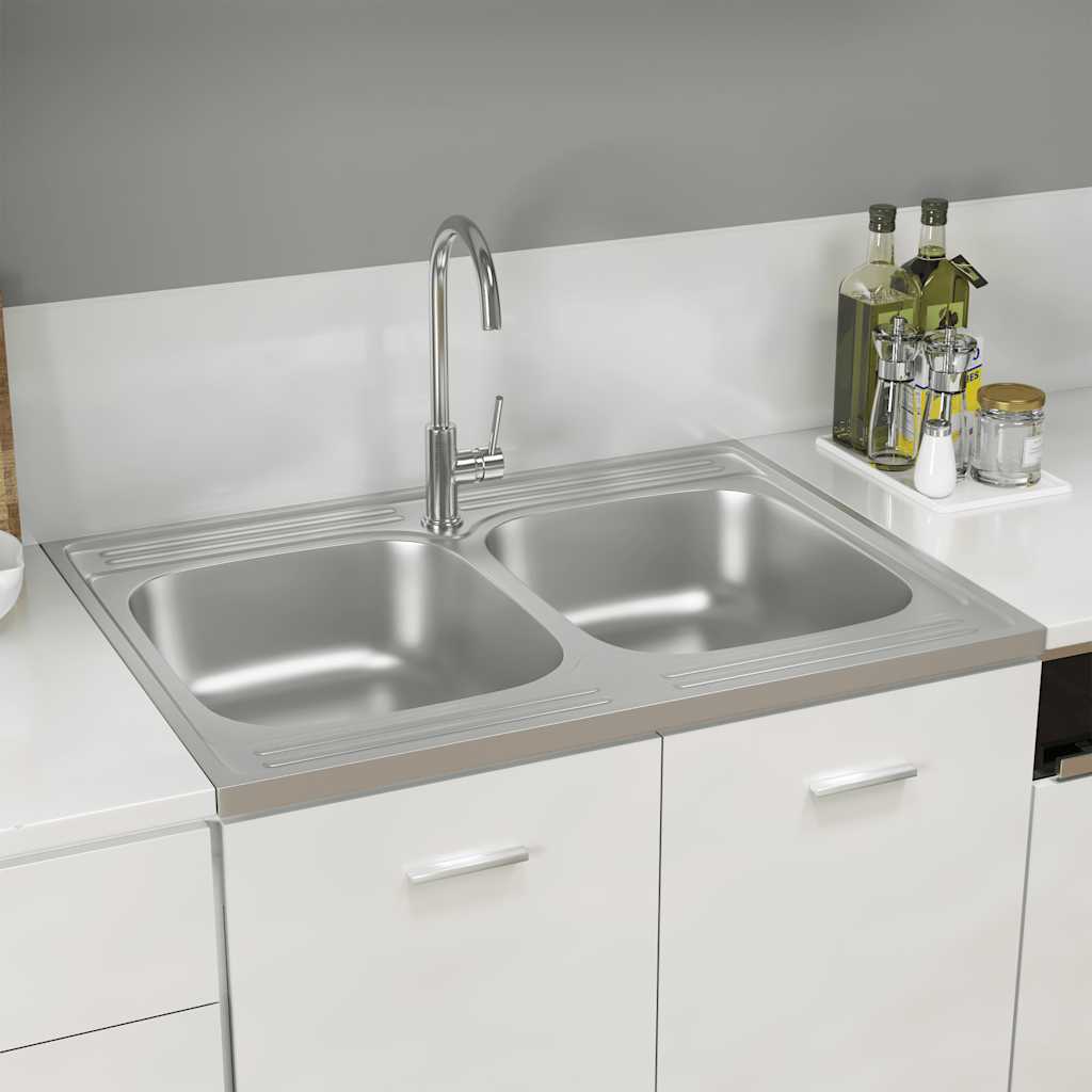 køkkenvask med 2 bassiner 800x600x155 mm rustfrit stål sølv
