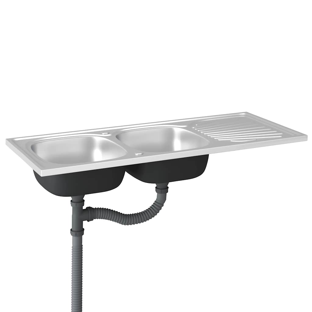 køkkenvask med 2 bassiner 1200x500x155 mm rustfrit stål sølv