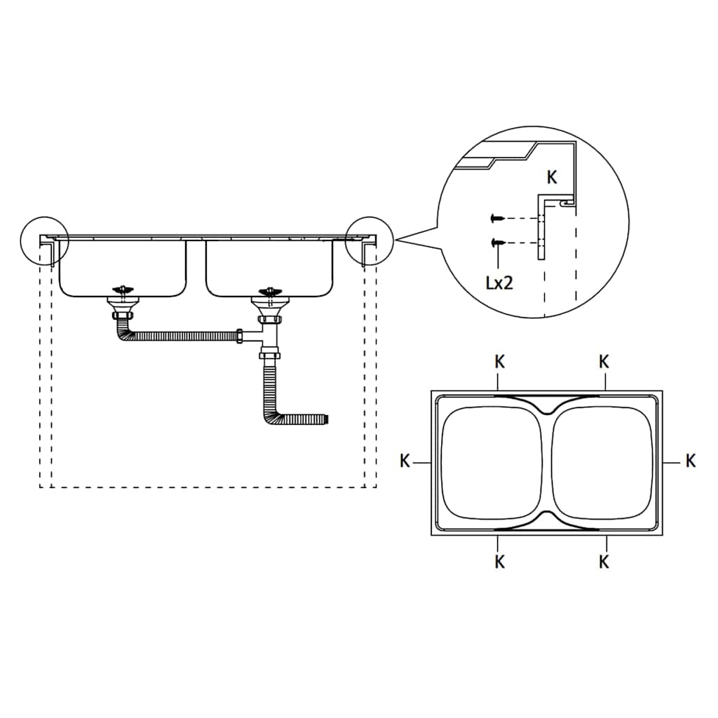 køkkenvask med 2 bassiner 1200x500x155 mm rustfrit stål sølv