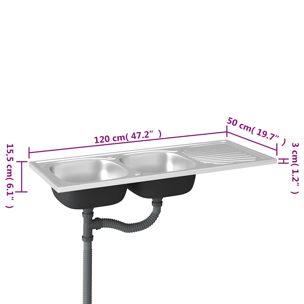 køkkenvask med 2 bassiner 1200x500x155 mm rustfrit stål sølv