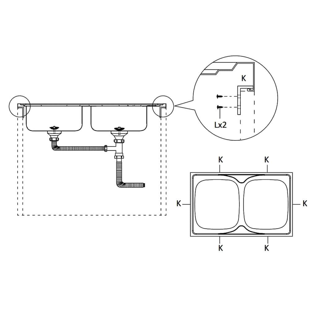 køkkenvask med 2 bassiner 1200x600x155 mm rustfrit stål sølv