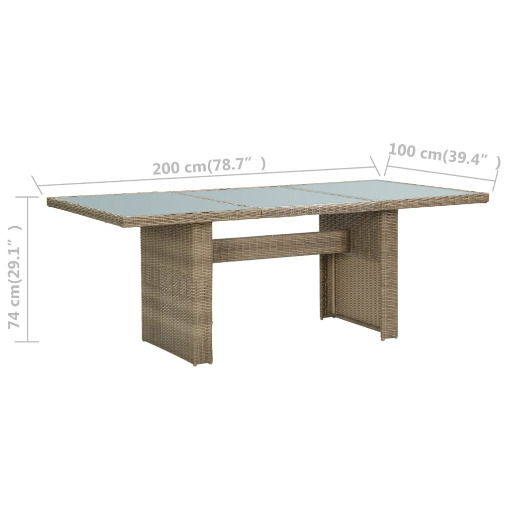 havebord 200x100x74 cm glas og polyrattan brun