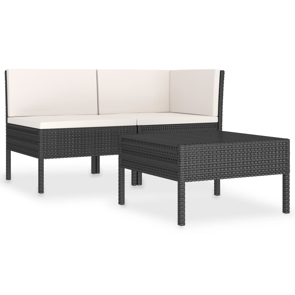 loungesæt til haven 3 dele med hynder polyrattan sort