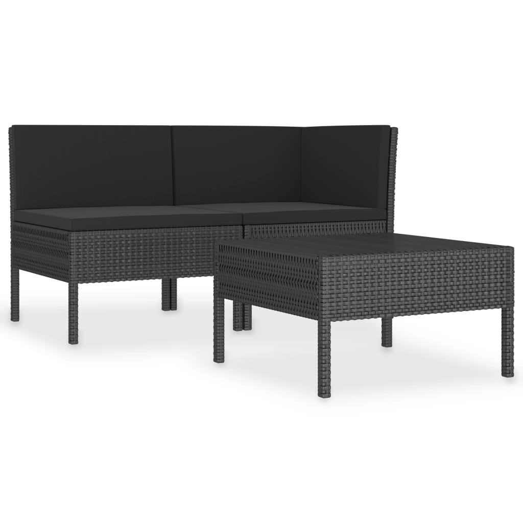 loungesæt til haven 3 dele med hynder polyrattan sort