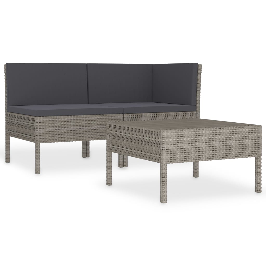 loungesæt til haven 3 dele med hynder polyrattan grå