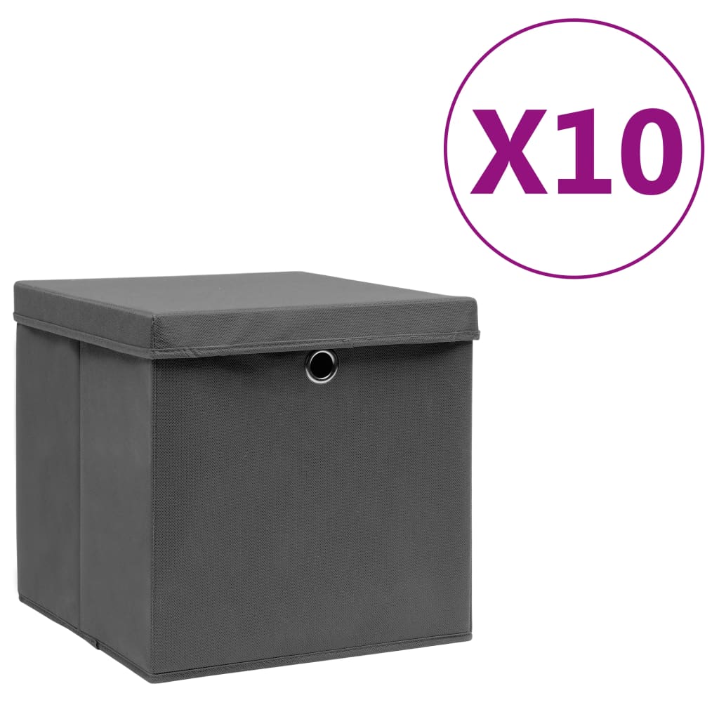 opbevaringskasser med låg 10 stk. 28x28x28 cm grå