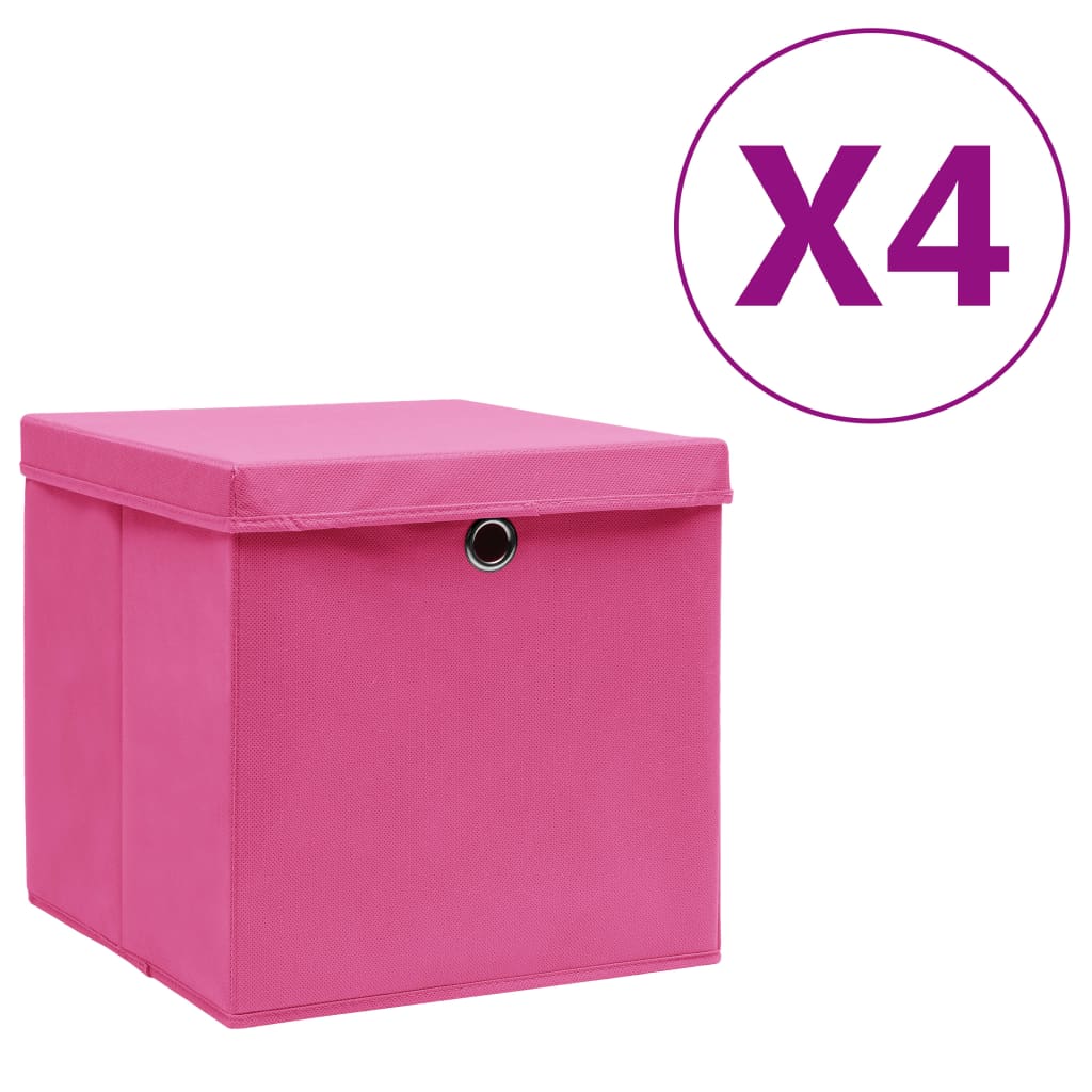 opbevaringskasser med låg 4 stk. 28x28x28 cm pink