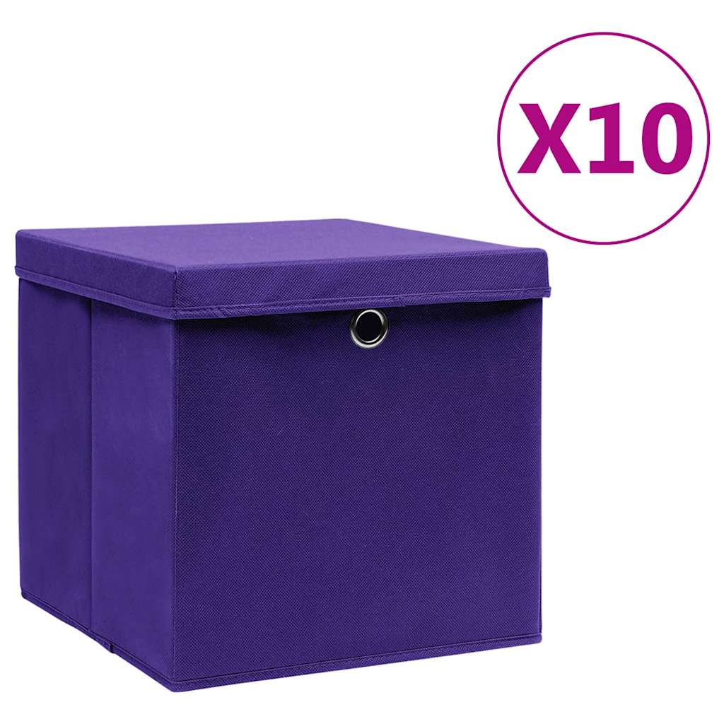 opbevaringskasser med låg 10 stk. 28x28x28 cm lilla