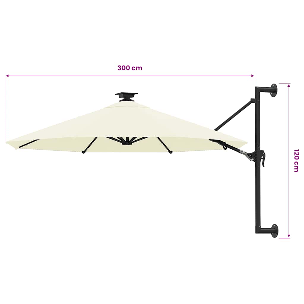væghængt parasol m. LED-lys 300 cm sandfarvet