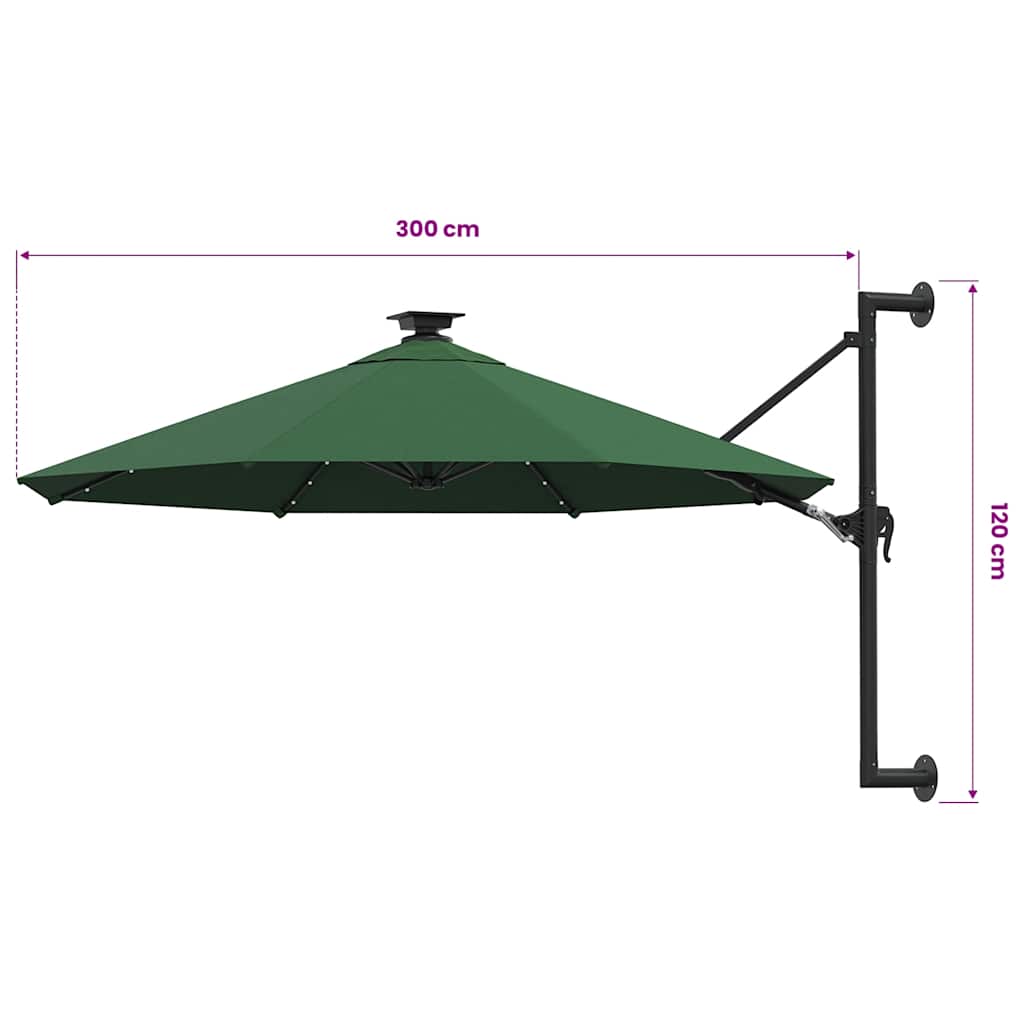 væghængt parasol m. LED-lys 300 cm grøn