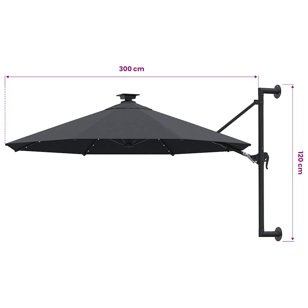 væghængt parasol m. LED-lys 300 cm antracitgrå