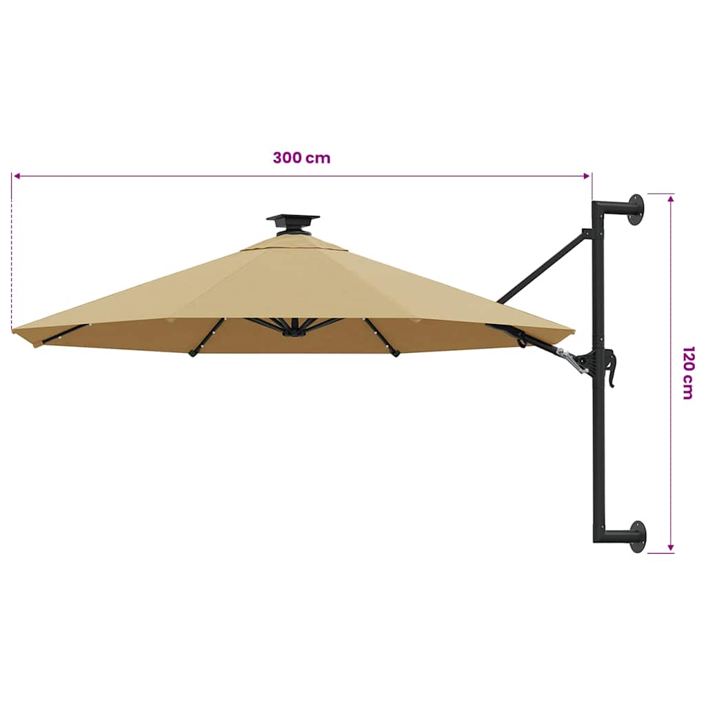 væghængt parasol m. LED-lys 300 cm gråbrun