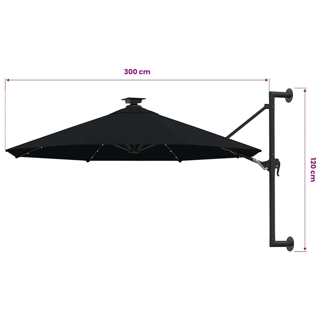 væghængt parasol m. LED-lys 300 cm sort