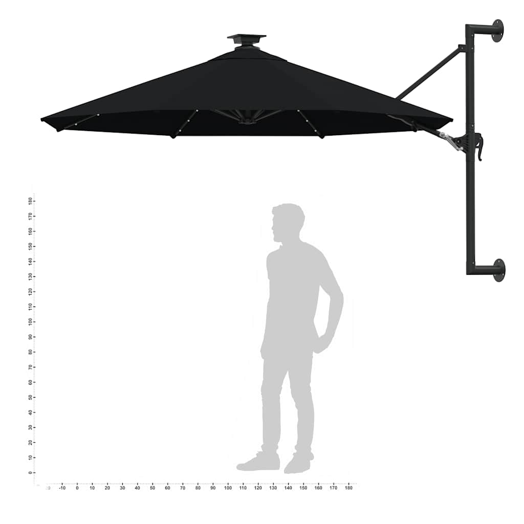 væghængt parasol m. LED-lys 300 cm sort