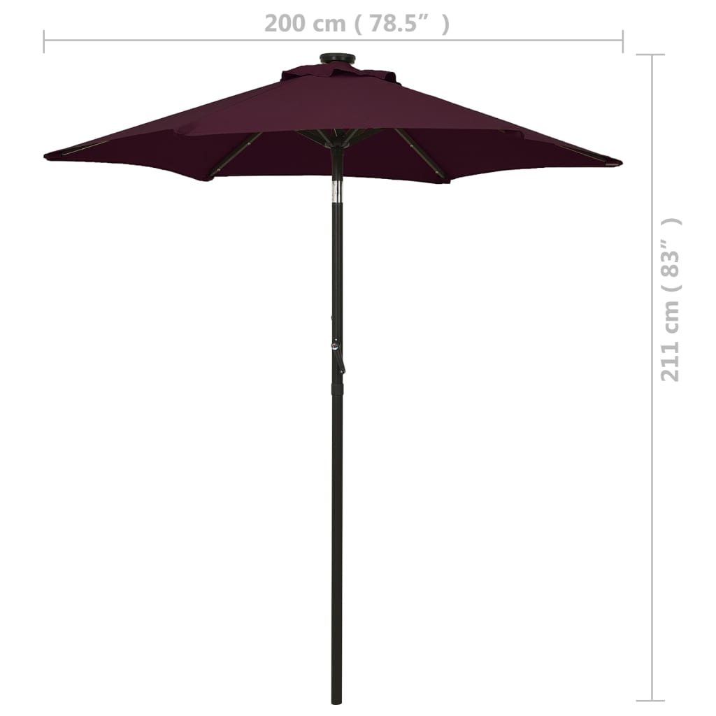 parasol med LED-lys 200x211 cm aluminium bordeauxrød