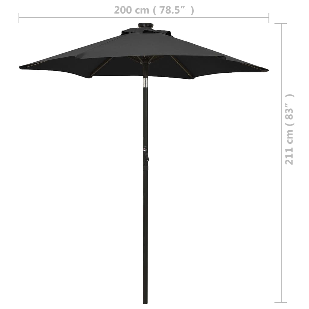 parasol med LED-lys 200x211 cm aluminium sort
