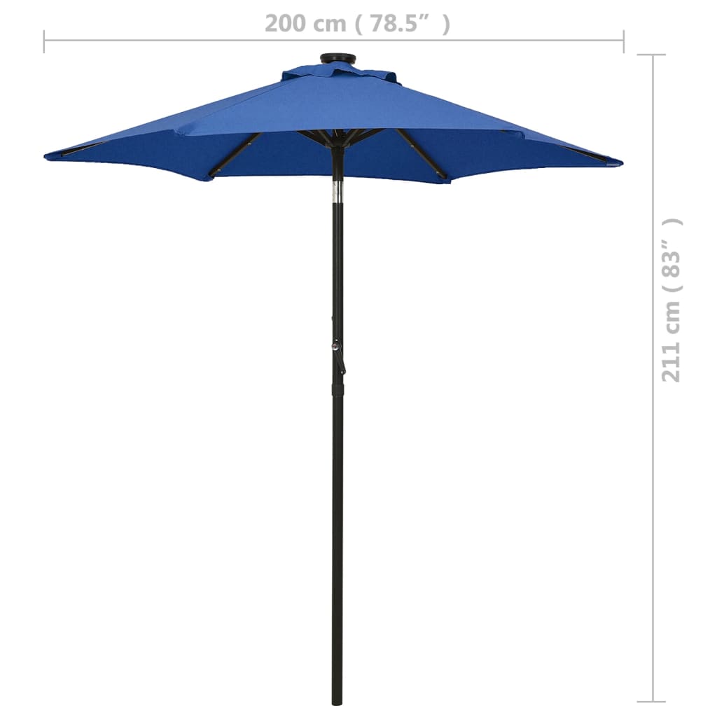 parasol med LED-lys 200x211 cm aluminium azurblå