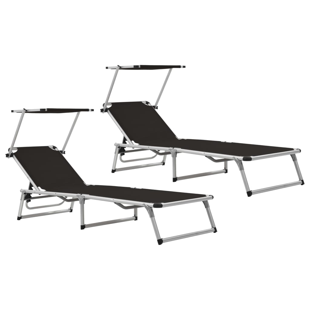 foldbare liggestole m. baldakin 2 stk. aluminium textilene sort