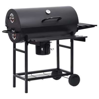 tøndegrill med hjul og hylder 115x85x95 cm stål sort