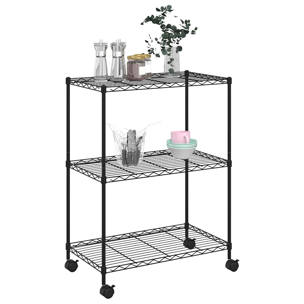 opbevaringsstativ med 3 hylder og hjul 60x35x81 cm 150 kg sort