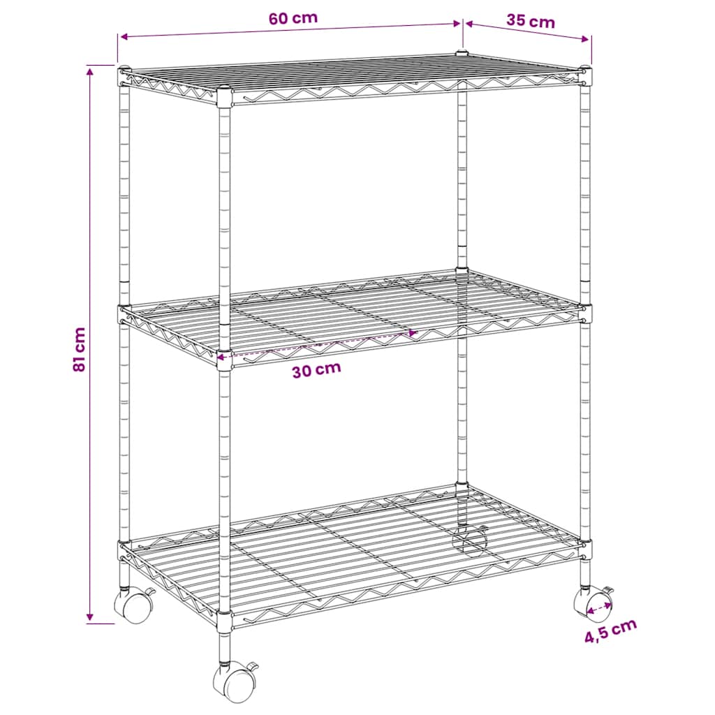 opbevaringsstativ med 3 hylder og hjul 60x35x81 cm 150 kg sort