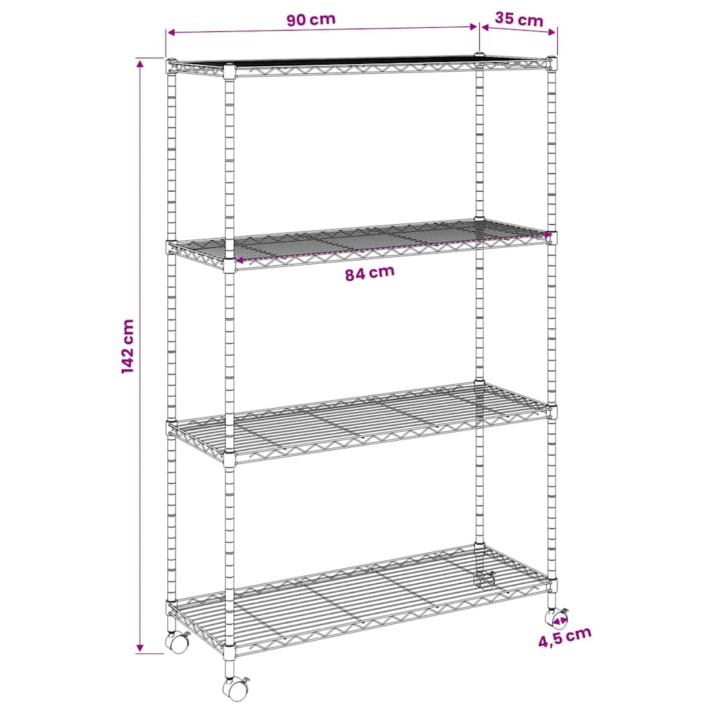 opbevaringsstativ med 4 hylder og hjul 90x35x142 cm 200 kg sort