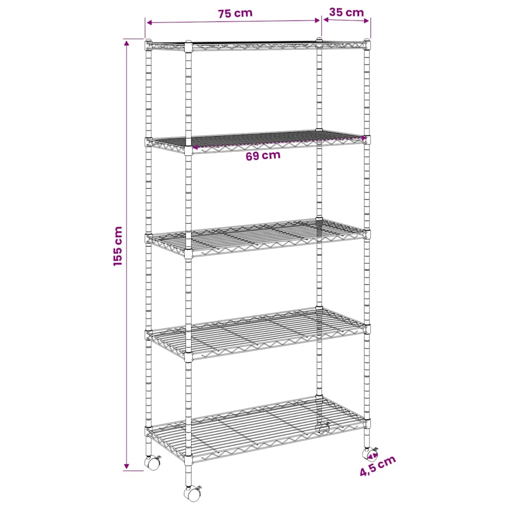 opbevaringsreol med 5 hylder og hjul 75x35x155 cm 250 kg sort