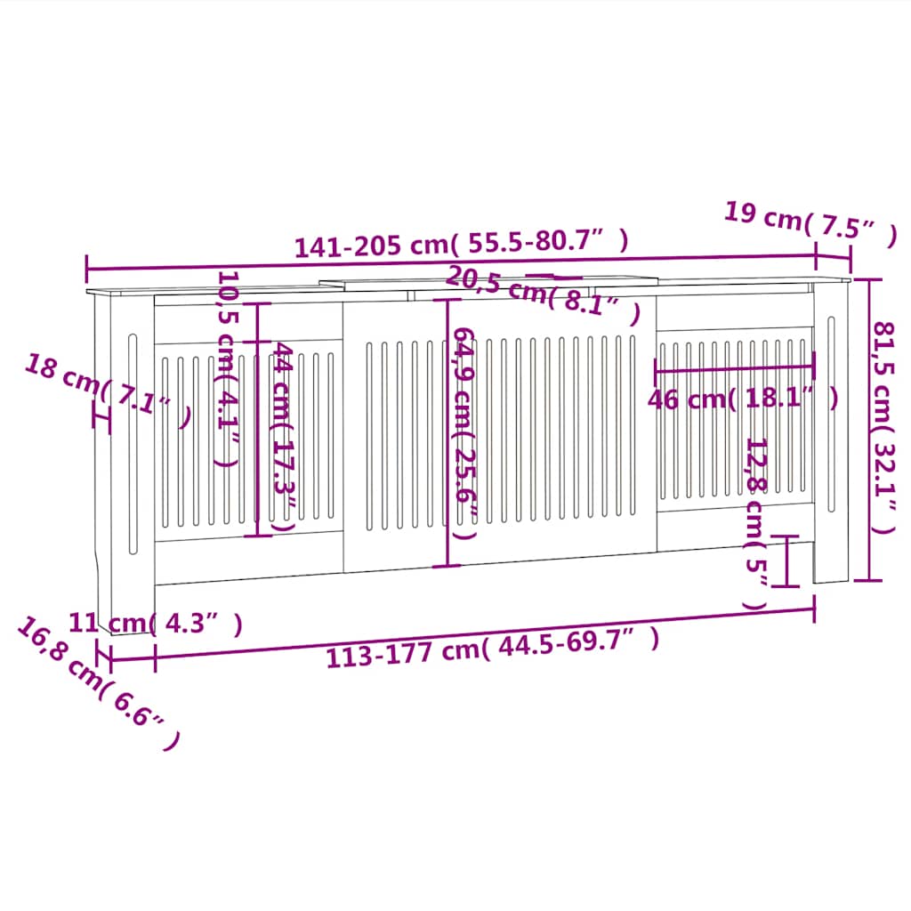 radiatorskjuler 205 cm konstrueret træ