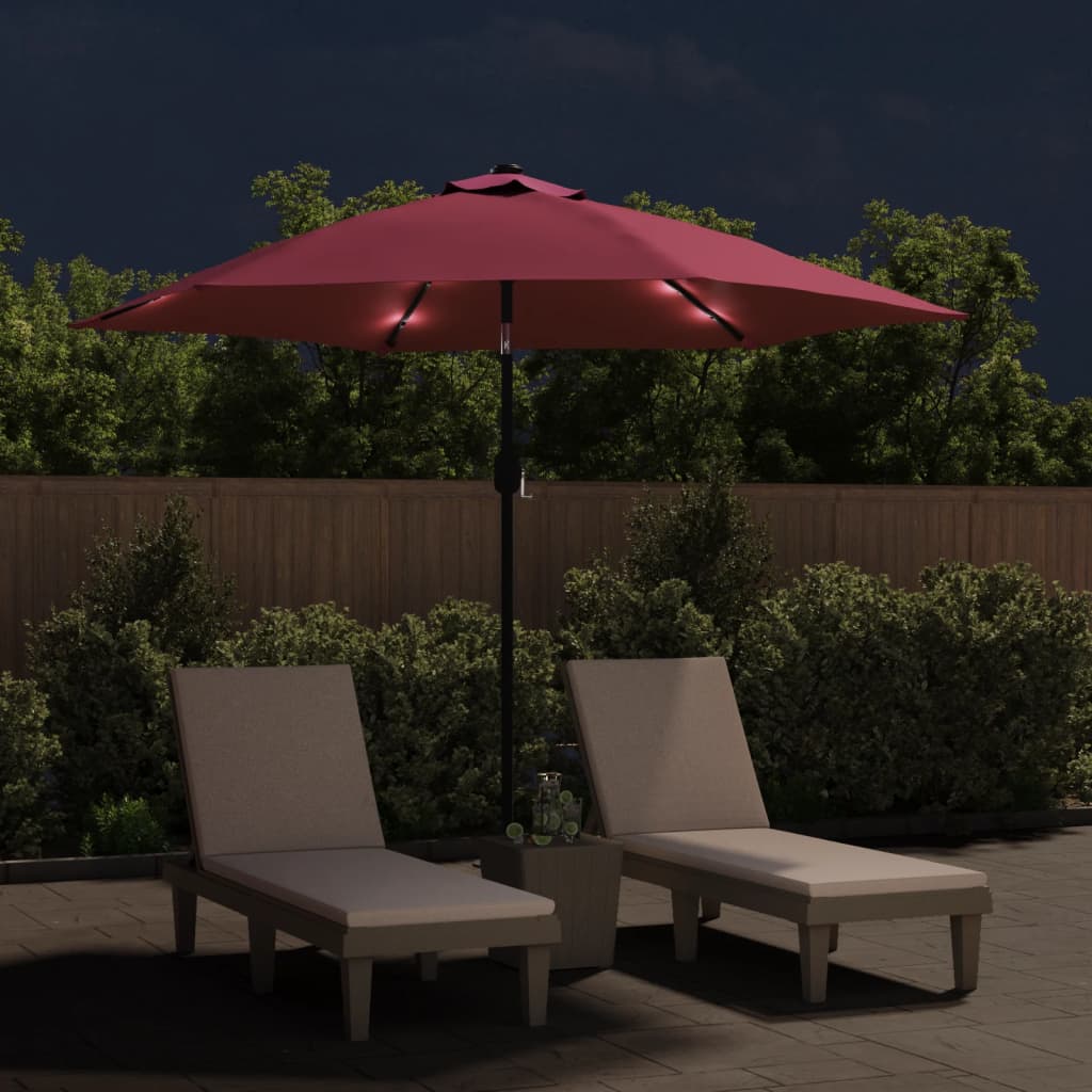 parasol m. LED-lys og stålstang 300 cm bordeauxrød