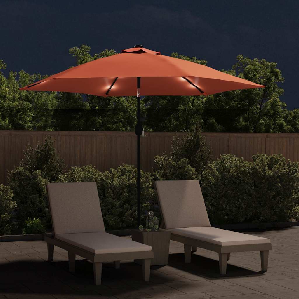 parasol m. LED-lys + stålstang 300 cm terrakotta