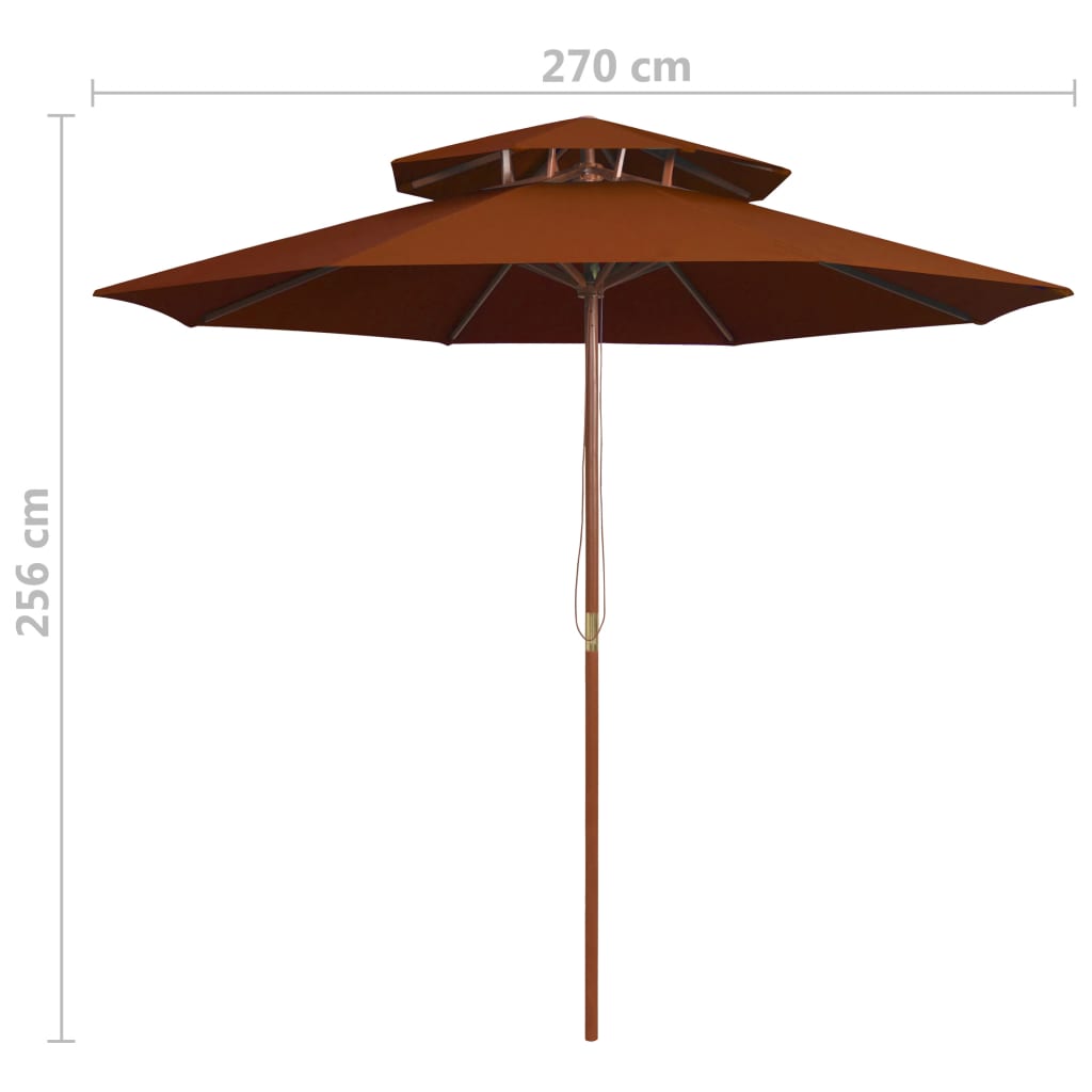 parasol m. træstang 270 cm 2 niveauer terrakotta