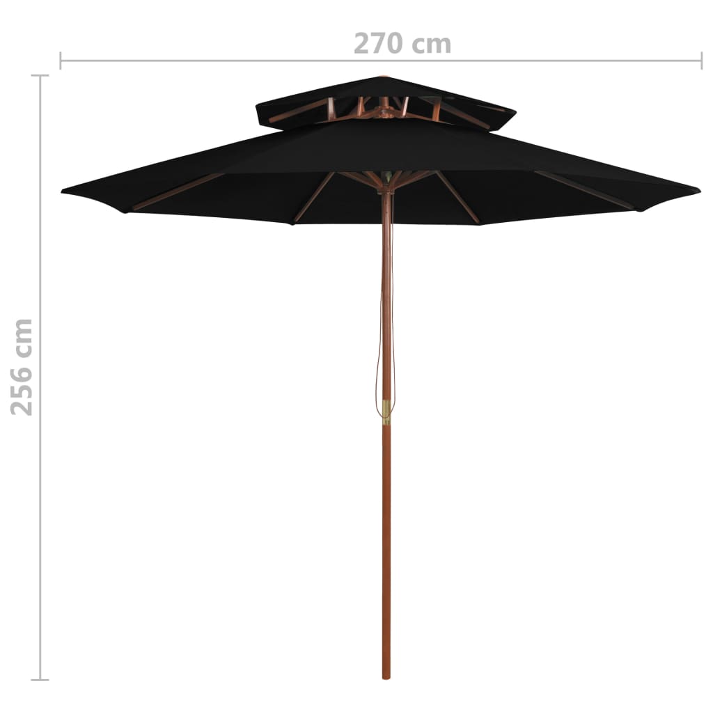 parasol m. træstang 270 cm 2 niveauer sort