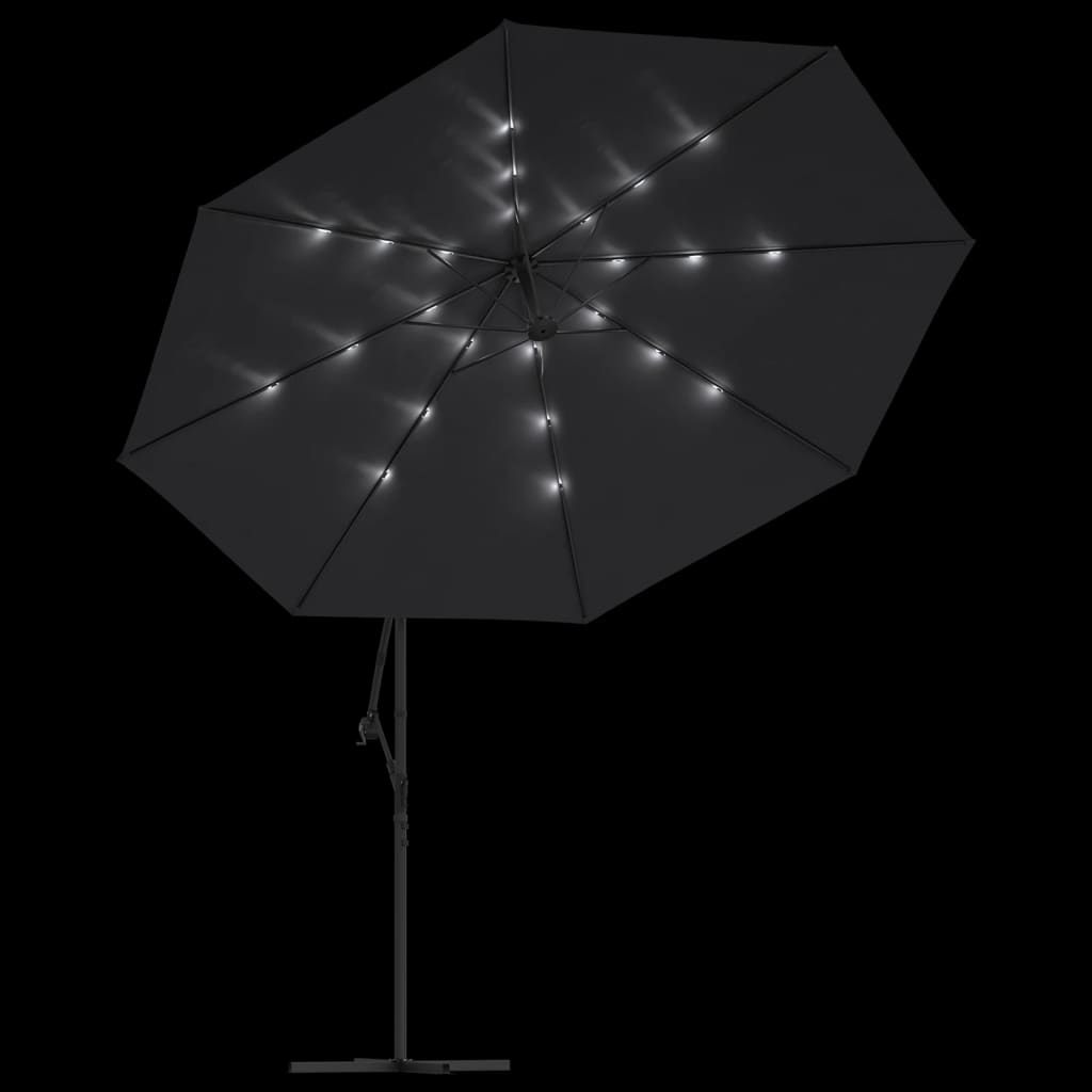 hængeparasol m. LED-lys 350 cm sort