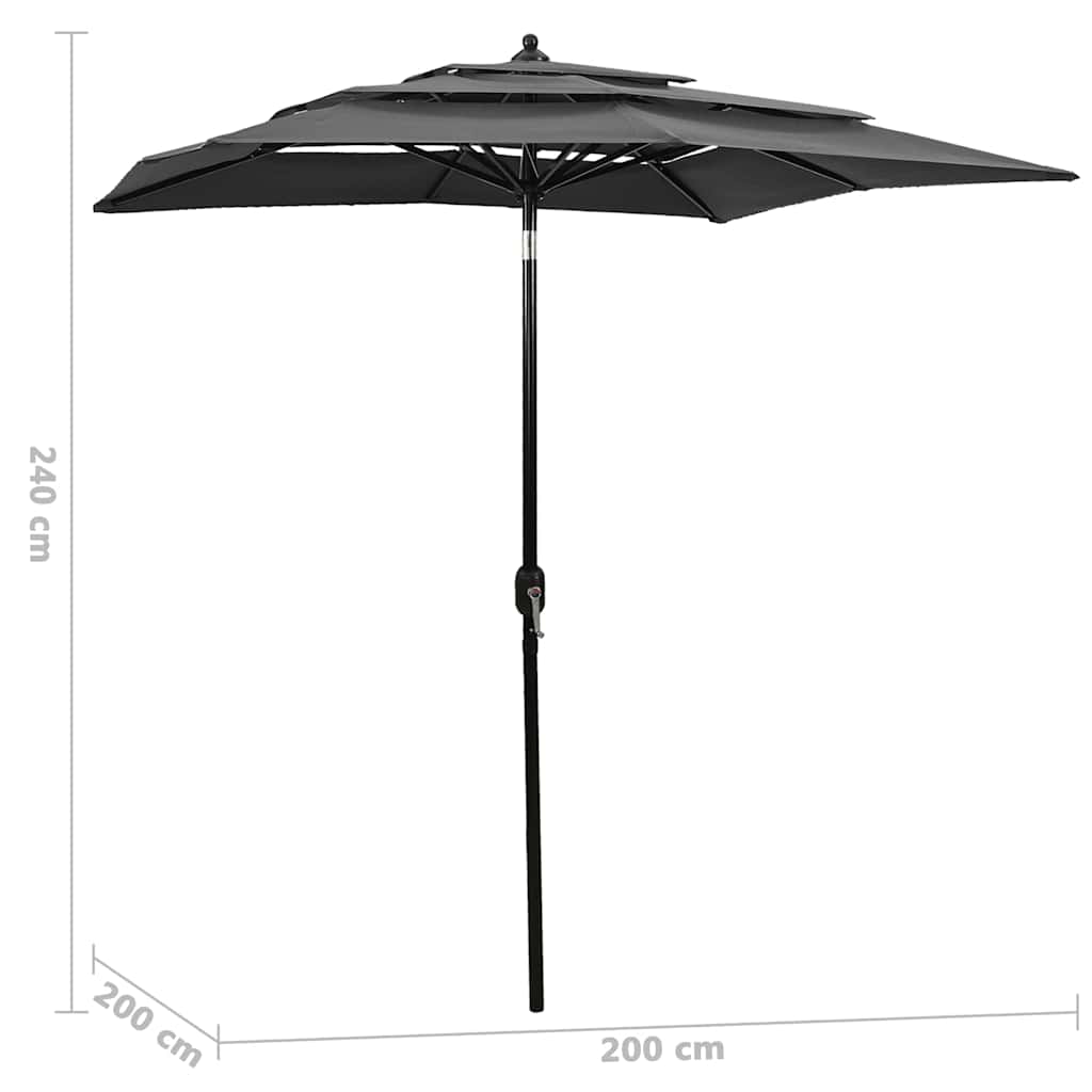 parasol 2x2 m aluminiumsstang 3 niveauer antracitgrå
