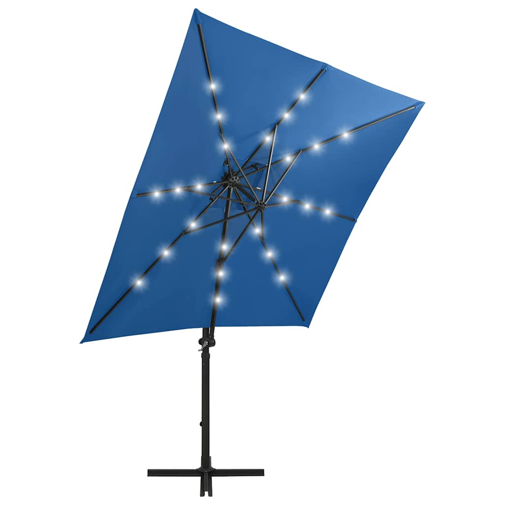hængeparasol med stang og LED-lys 250 cm azurblå