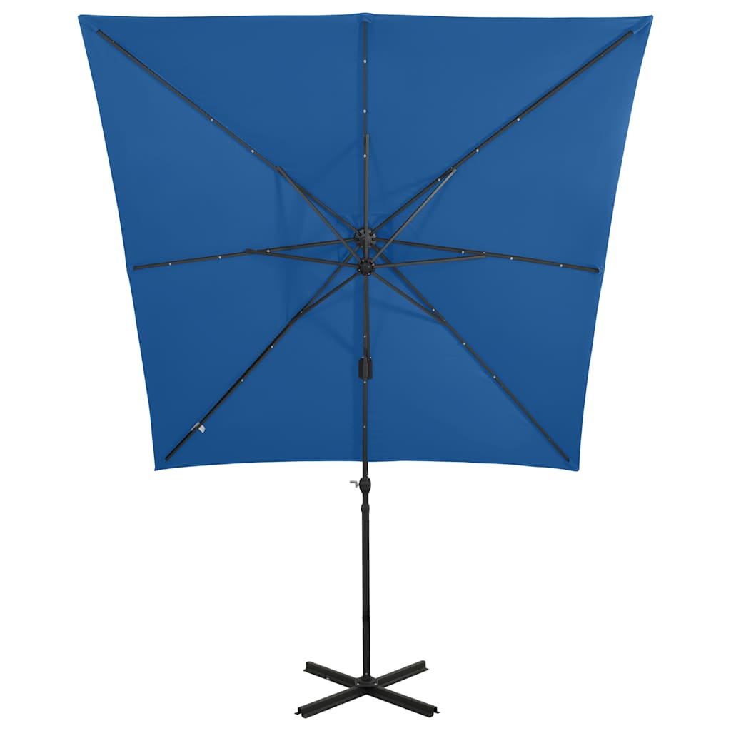 hængeparasol med stang og LED-lys 250 cm azurblå