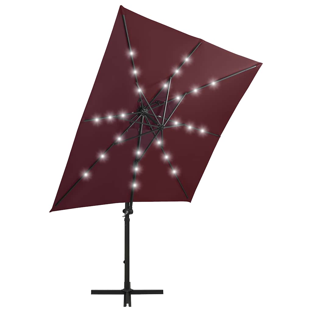 hængeparasol med stang og LED-lys 250 cm bordeauxrød