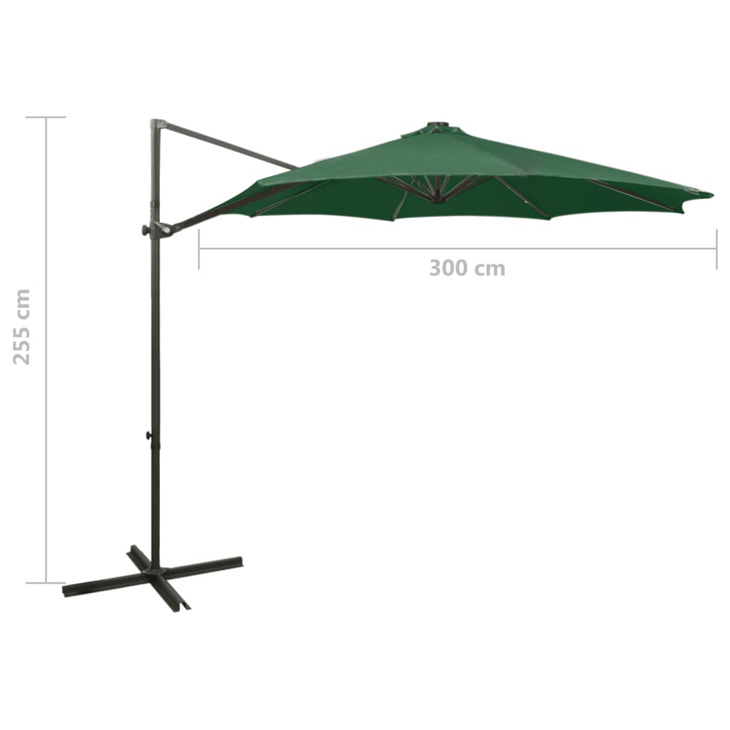 hængeparasol med stang og LED-lys 300 cm grøn