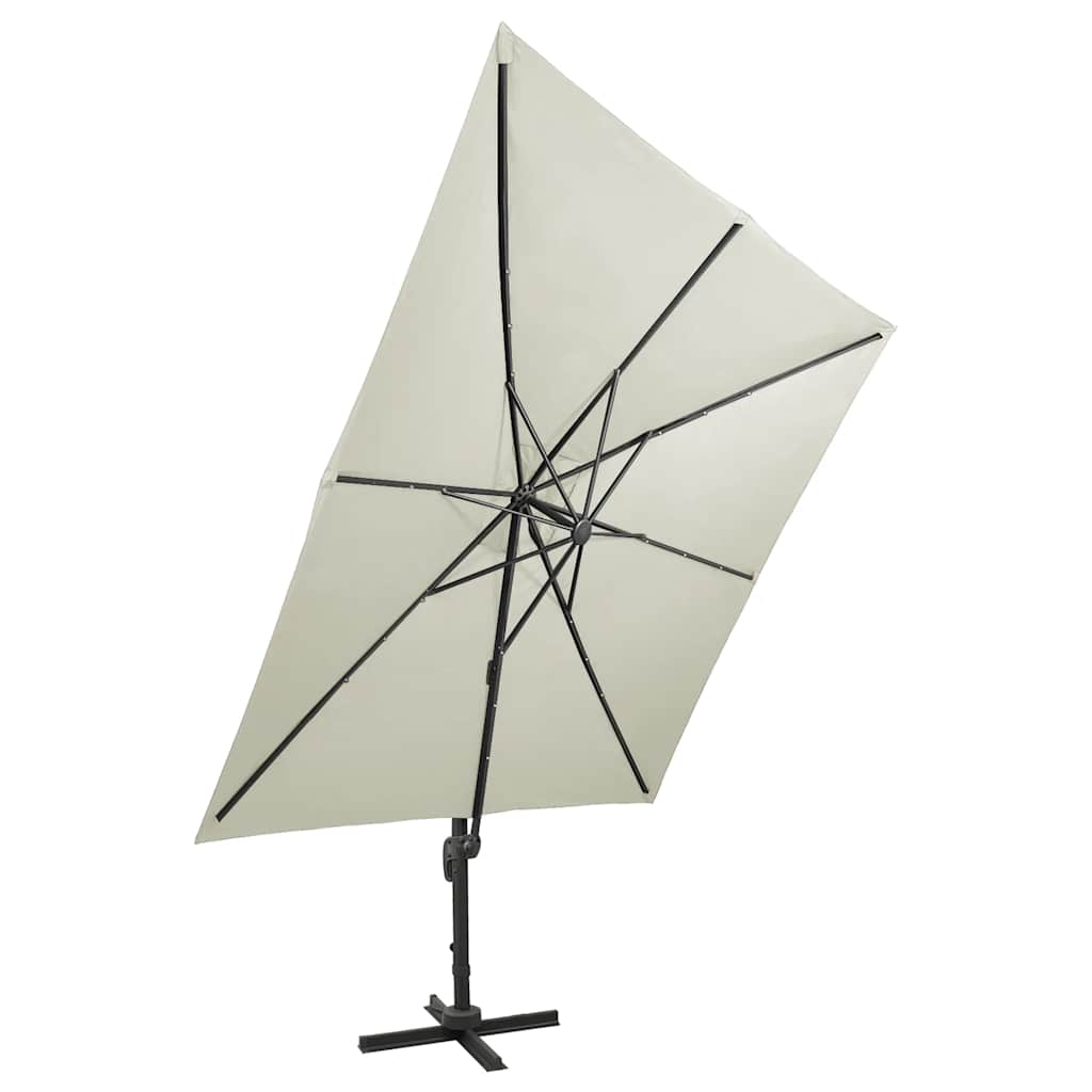 hængeparasol med stang og LED-lys 300 cm sandfarvet
