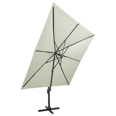 hængeparasol med stang og LED-lys 300 cm sandfarvet