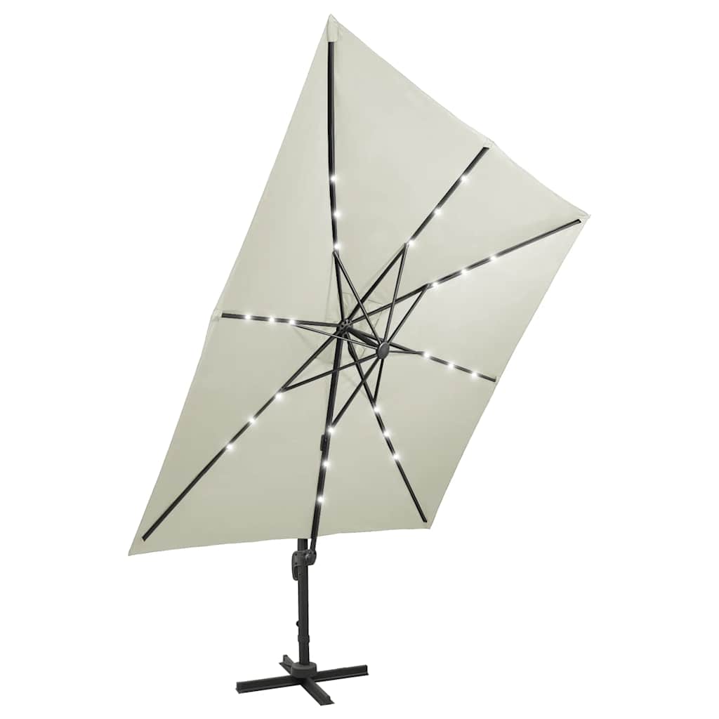hængeparasol med stang og LED-lys 300 cm sandfarvet