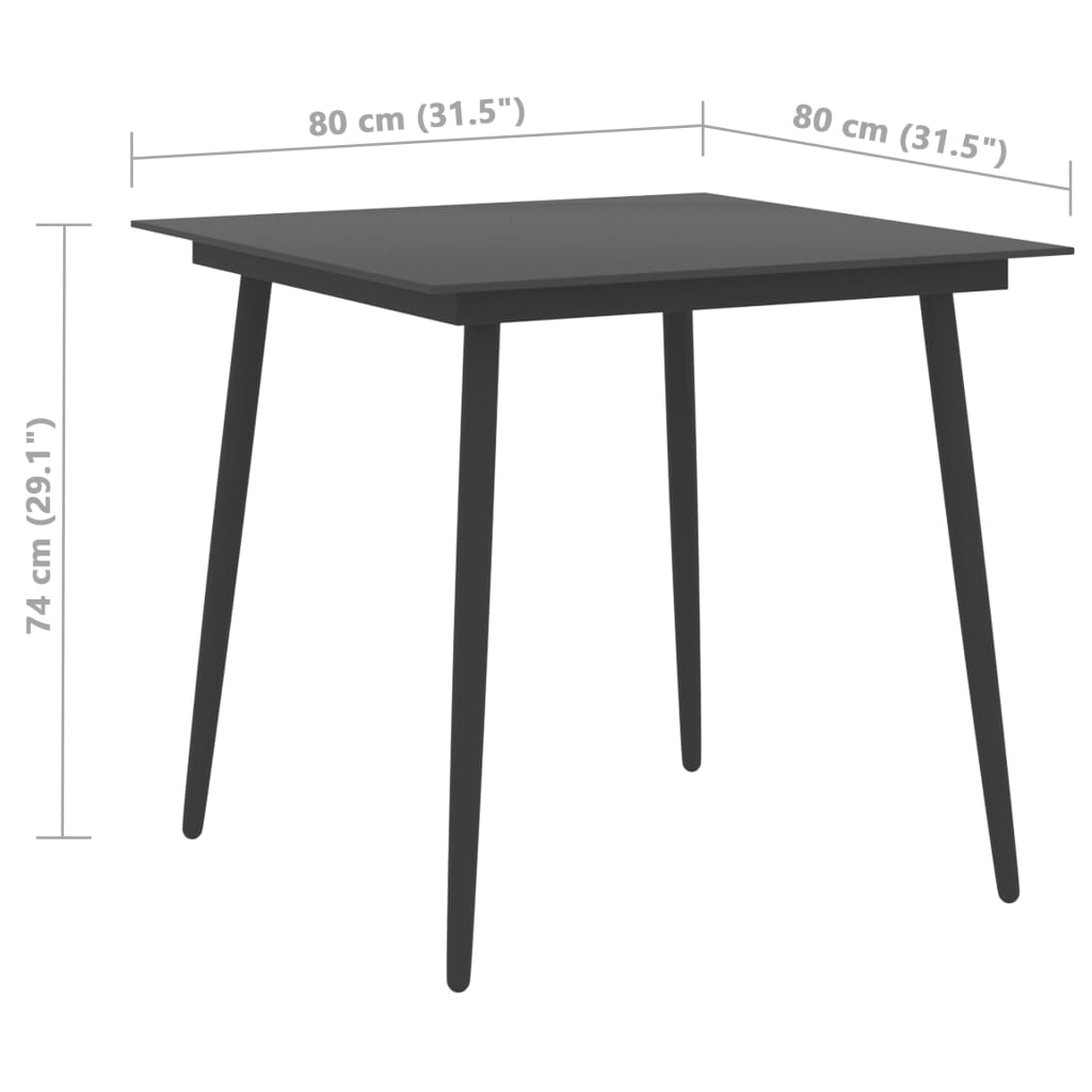 havebord 80x80x74 cm stål og glas sort