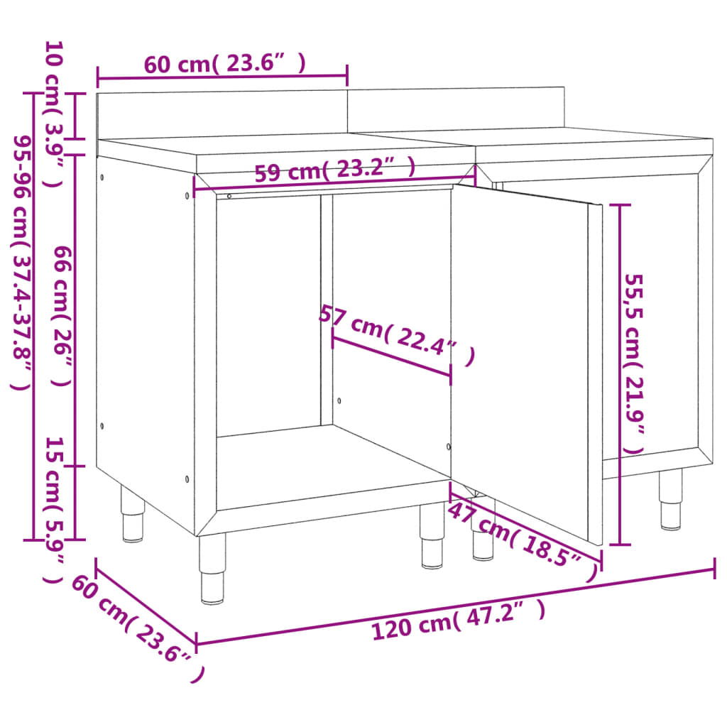 kommercielt køkkenbord med skab 120x60x96 cm rustfrit stål